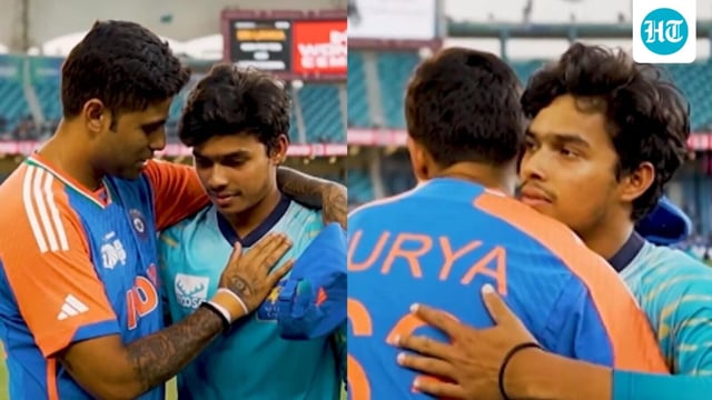 Suryakumar Yadav met Sri Lanka spinner Dunith Wellalage on the sidelines of the Asia Cup 2025 match. 