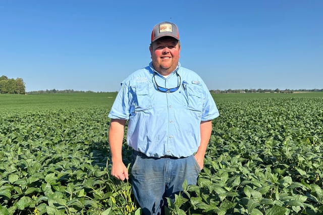 Kentucky Farmer Caleb Ragland stands in one of his soybean fields in Magnolia, Ky., Sept. 12, 2025. (AP Photo/Dylan Lovan)