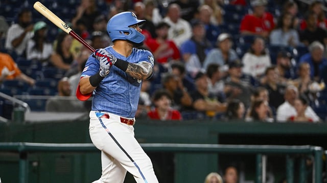 Sep 26, 2025; Washington, District of Columbia, USA; Washington Nationals second baseman Luis Garcia Jr. (2) hits a solo home run against the Chicago White Sox during the fifth inning at Nationals Park. Mandatory Credit: Brad Mills-Imagn Images