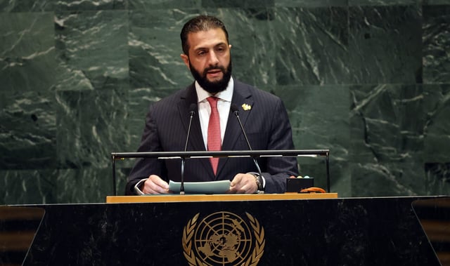 NEW YORK, NEW YORK - SEPTEMBER 24: President of Syria Ahmed al-Sharaa addresses the United Nations (UN) General Assembly during the 80th session of the annual event on September 24, 2025, in New York City. This year’s theme for the annual global meeting is “Better together: 80 years and more for peace, development, and human rights.” (Photo by Spencer Platt/Getty Images)