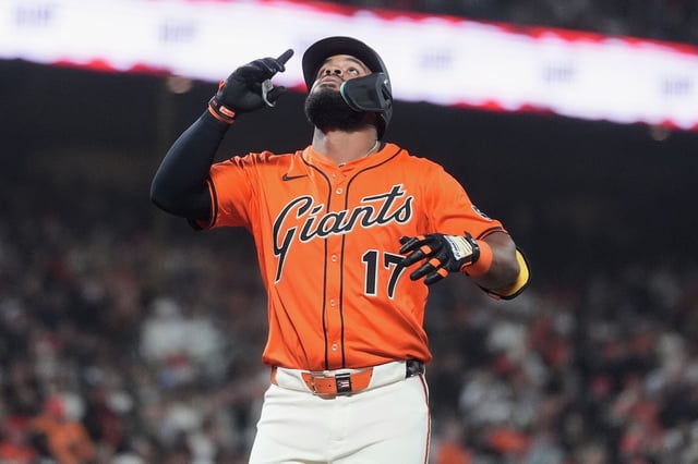 Giants left fielder Heliot Ramos celebrates after hitting a three-run home run against the Colorado Rockies during the second inning of Friday's game at Oracle Park. 