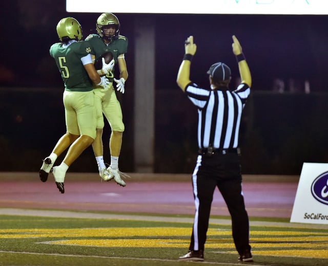 Mira Costa receiver Luke Leonard celebrates TD catch with Luke Meeker (5) against Villa Park in nonleague football game Friday Sept. 26, 2025  (Photo by Robert Casillas, Contributing Photographer)