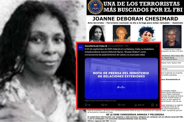 Tras vivir en la clandestinidad, Shakur reapareció públicamente en Cuba en 1984, donde el gobierno de Fidel Castro le concedió asilo político. | Crédito: FBI y captura en X