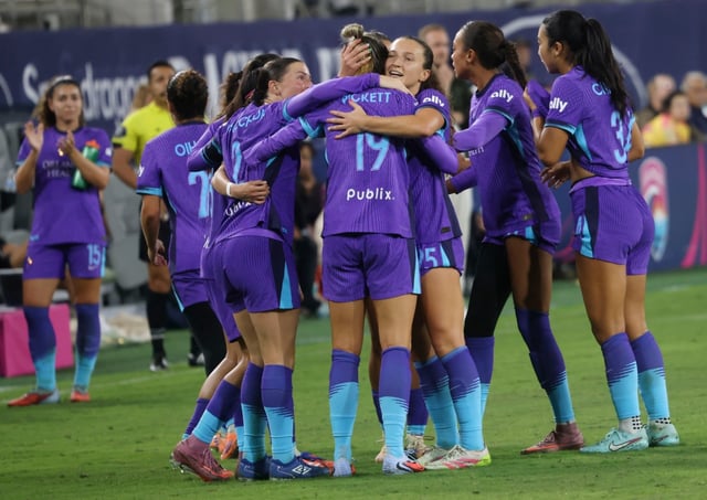 Orlando players celebrate a 2nd half goal by Carson Picket  during game against the Wave at Snapdragon Stadium on Friday, Sept. 26, 2025. (Photo by Sandy Huffaker for The San Diego Union-Tribune)