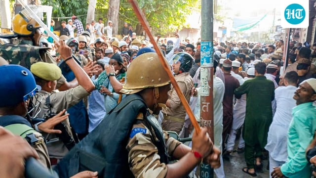 Security personnel lathi-charge protesters during a demonstration amid 'I Love Mohammad' row in Bareilly, Uttar Pradesh on Friday, September 26, 2025.