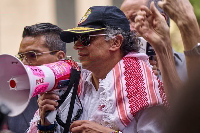 Colombian President Gustavo Petro addresses pro-Palestinian demonstrators  outside U.N. headquarters in New York City on September 26, 2025.