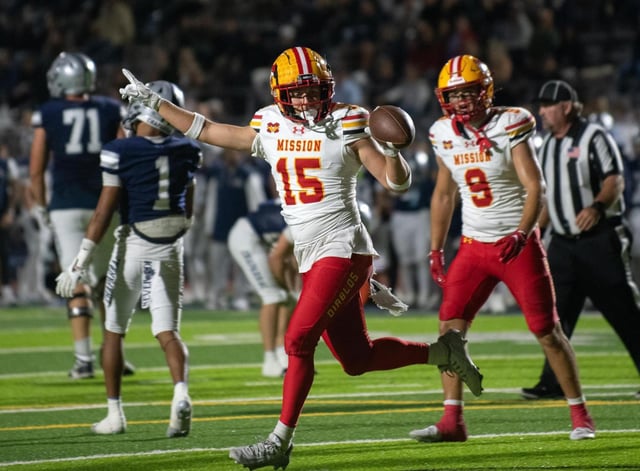 Mission Viejo’s Ryder Brown (15) celebrates an interception he made in a game against Chaparral at Chaparral High School in Temecula on Friday, Sept. 26, 2025. (Photo by Nick Koon, Contributing Photographer)