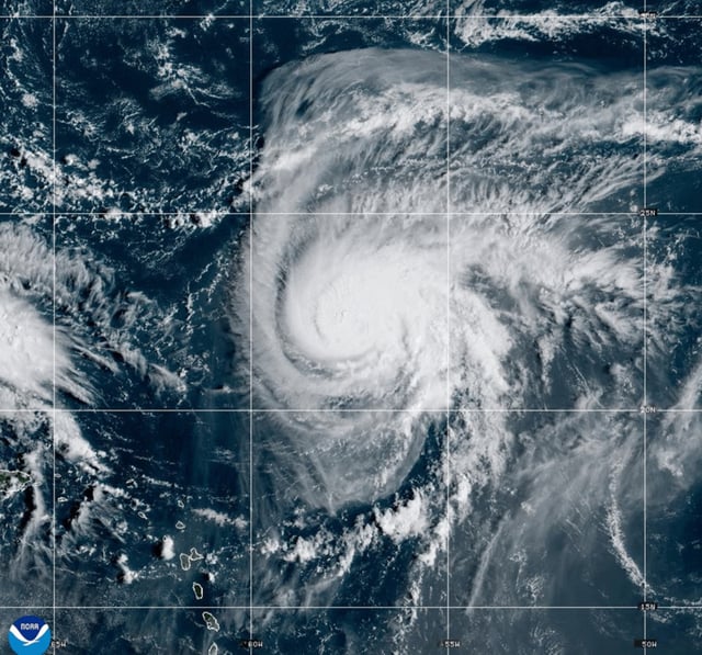 This satellite image provided by NOAA shows Hurricane Humberto on Friday, Sept. 26, 2025.  (NOAA via AP)