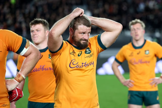 AUCKLAND, NEW ZEALAND - SEPTEMBER 27: James Slipper of Australia reacts following the The Rugby Championship & Bledisloe Cup match between New Zealand All Blacks and Australia Wallabies at Eden Park on September 27, 2025 in Auckland, New Zealand. (Photo by Phil Walter/Getty Images)