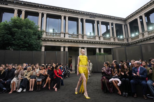 A model wears a creation part of the Ferragamo women's Spring-Summer 2026 collection, that was presented in Milan, Italy, Saturday, Sept. 27, 2025. (AP Photo/Luca Bruno).