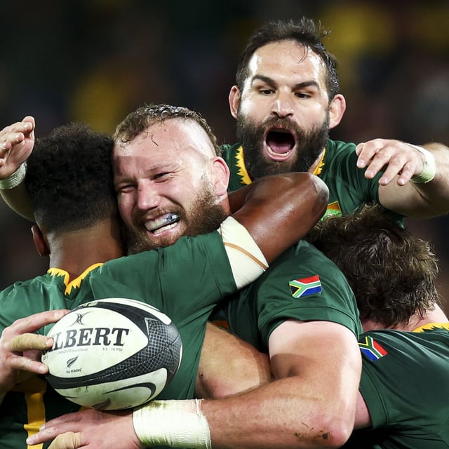 RG Snyman of South Africa celebrates after scoring a try during The Rugby Championship match between New Zealand All Blacks and South Africa Springboks at Sky Stadium on September 13, 2025 in Wellington, New Zealand.