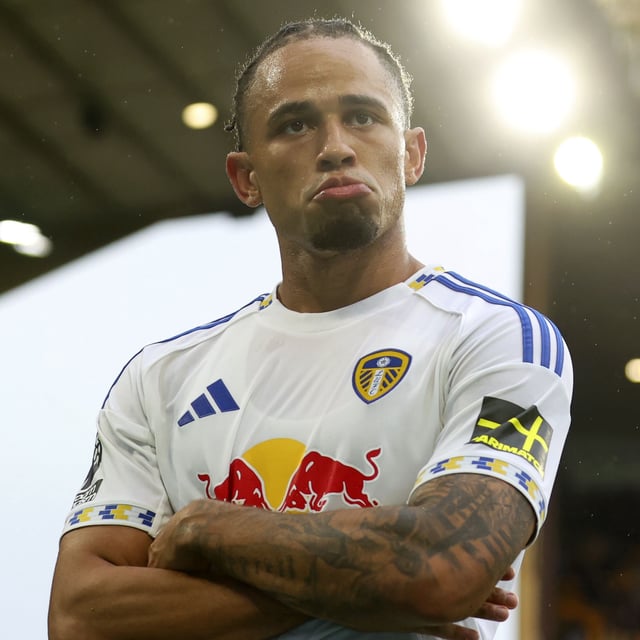 Noah Okafor of Leeds United celebrates 3rd goal during the Premier League match between Wolverhampton Wanderers and Leeds United at Molineux on September 20, 2025 in Wolverhampton, England. 