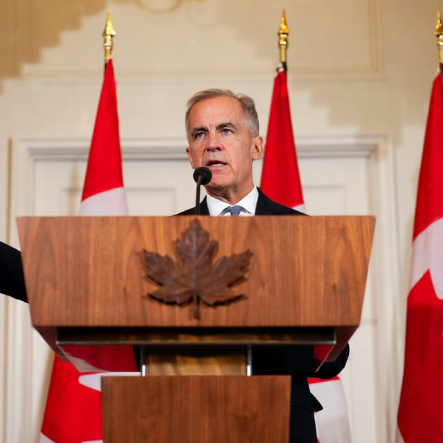 Prime Minister Mark Carney holds a press conference at Canada House in London on Saturday.