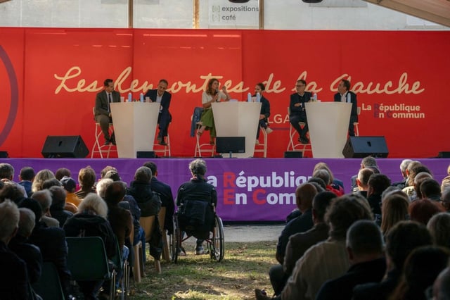 Les Ecologistes green party national secretary Marine Tondelier (C,L) delivers a speech next to head of Place publique party and European MP Raphael Glucksmann  (2ndL), French socialist party first secretary Olivier Faure (2ndR) and president of the Parti radical de gauche (PRG) Guillaume Lacroix (R) during the 5th edition of the "Rencontres de la Gauche" (Meetings of the Left) event in Bram, southwestern France, on September 27, 2025. (Photo by Idriss BIGOU-GILLES / AFP)