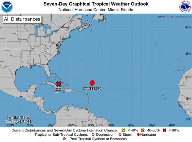 Potential Tropical Cyclone Nine, which is expected to become Tropical Storm Imelda, and major Hurricane Humberto could interact with one another in the Atlantic, forecasters said.