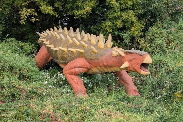 The life-sized Ankylosaurus at Field Station: Dinosaurs in New Jersey, which is listed on Facebook Marketplace for $2,100 and will be available after the theme park closes in November. © Field Station: Dinosaur