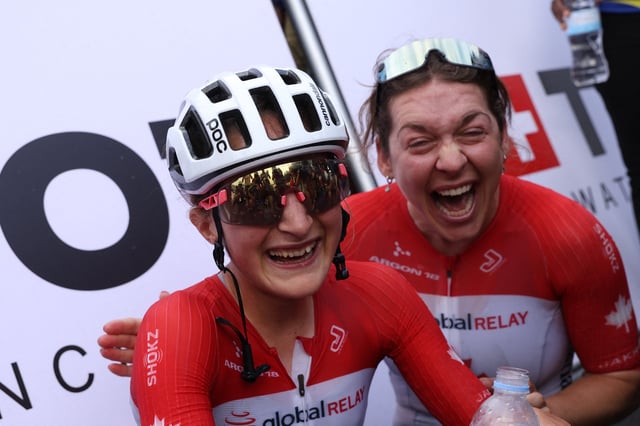 Cycling - Road World Championships 2025 - Kigali, Rwanda - September 27, 2025 Canada's Magdeleine Vallieres celebrates winning the women's elite road race REUTERS/Jean Bizimana
