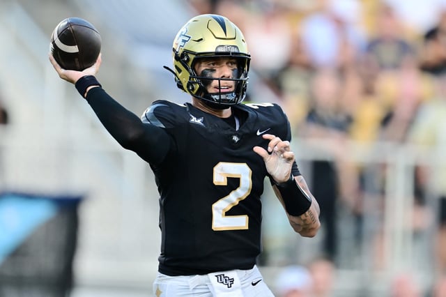 Tayven Jackson #2 of the UCF Knights throws a pass in the second half of a game against the North Carolina Tar Heels at FBC Mortgage Stadium on September 20, 2025 in Orlando, Florida.