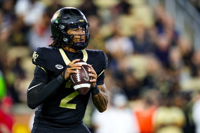 Robby Ashford #2 of the Wake Forest Demon Deacons looks to pass the ball during the second half of a football game against the North Carolina State Wolfpack at Allegacy Federal Credit Union Stadium on September 11, 2025 in Winston-Salem, North Carolin