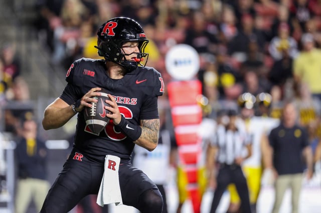Athan Kaliakmanis #16 of the Rutgers Scarlet Knights looks to pass the ball against the Iowa Hawkeyes at SHI Stadium on September 19, 2025 in Piscataway, New Jersey.