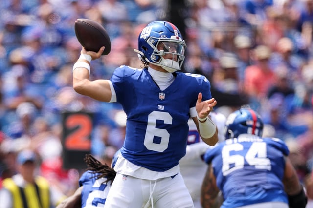 ORCHARD PARK, NEW YORK - AUGUST 09: Jaxson Dart #6 of the New York Giants throws a pass during the first quarter of an NFL Preseason 2025 game between New York Giants and Buffalo Bills at Highmark Stadium on August 09, 2025 in Orchard Park, New York. (Photo by Bryan M. Bennett/Getty Images)