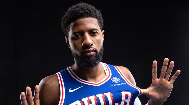 76ers Paul George poses for a photo during media day
