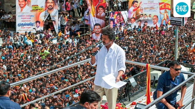 Tamilaga Vettri Kazhagam (TVK) chief and actor Vijay addresses supporters during a rally, in Namakkal, Tamil Nadu. Another rally in Karur took a turn due to overcrowding.