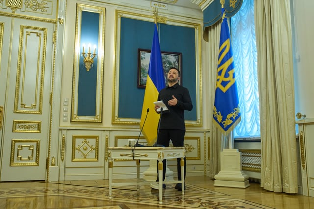 Ukrainian President Volodymyr Zelenskyy talks during his press conference in Kyiv, Ukraine, Saturday, Sept. 27, 2025. (AP Photo/Efrem Lukatsky)
