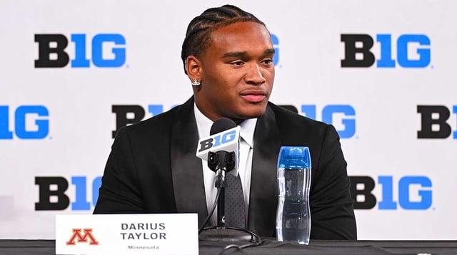 Jul 25, 2024; Indianapolis, IN, USA; Minnesota Golden Gophers running back Darius Taylor speaks to the media during the Big 10 football media day at Lucas Oil Stadium. Mandatory Credit: Robert Goddin-Imagn Images