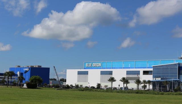 One of the new manufacturing buildings at Blue Origin's massive campus in Merritt Island is dedicated to its crewed Blue Moon and uncrewed Mark 1 lunar landers. (Richard Tribou/Orlando Sentinel)