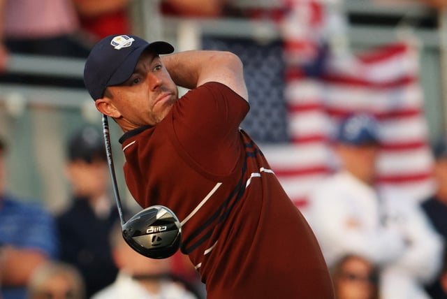 Golf - The 2025 Ryder Cup - Bethpage Black Golf Course, Farmingdale, New York, United States - September 27, 2025 Team Europe's Rory McIlroy hits his tee shot on the 1st hole during the foursomes REUTERS/Brendan Mcdermid