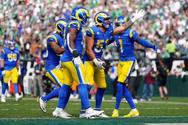 Rams linebacker Nate Landman celebrates recovering a fumble with teammates during the third quarter against the Philadelphia Eagles on Sunday, Sept. 21, 2025, in Philadelphia. (Photo by Mitchell Leff/Getty Images)