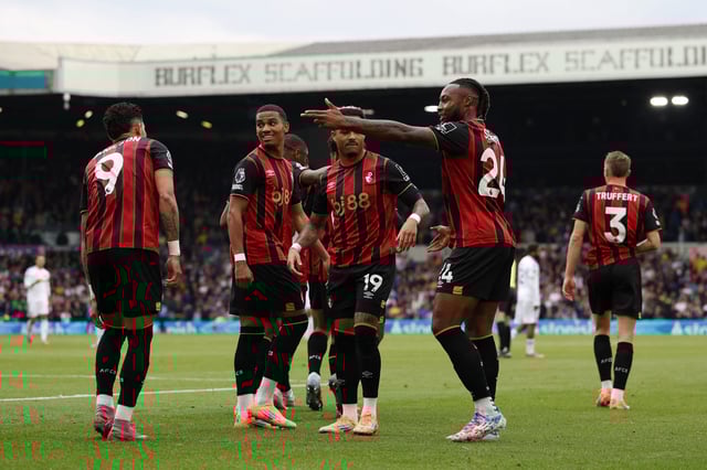 Soccer Football - Premier League - Leeds United v AFC Bournemouth - Elland Road, Leeds, Britain - September 27, 2025 AFC Bournemouth's Antoine Semenyo celebrates with Evanilson after Eli Junior Kroupi scores their second goal REUTERS/Scott Heppell