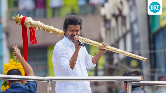 Actor and Tamilaga Vetri Kazhagam (TVK) Founder Vijay addresses a public rally, in Namakkal district, Tamil Nadu