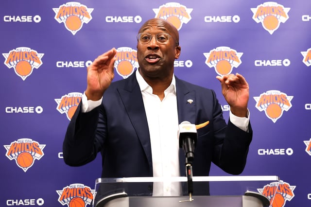 TARRYTOWN, NEW YORK - JULY 08: Head coach Mike Brown speaks to media during his introductory press conference at Knicks Training Facility on July 08, 2025 in Tarrytown, New York. NOTE TO USER: User expressly acknowledges and agrees that, by downloading and or using this photograph, User is consenting to the terms and conditions of the Getty Images License Agreement. (Photo by Ishika Samant/Getty Images)