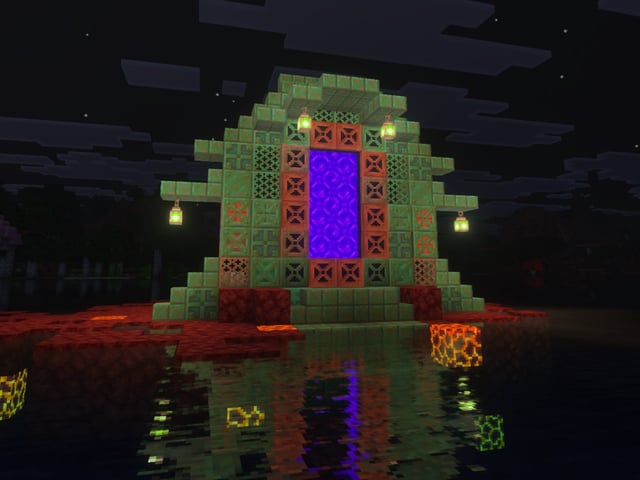 A Nether portal decorated with copper blocks and copper lanterns in Minecraft
