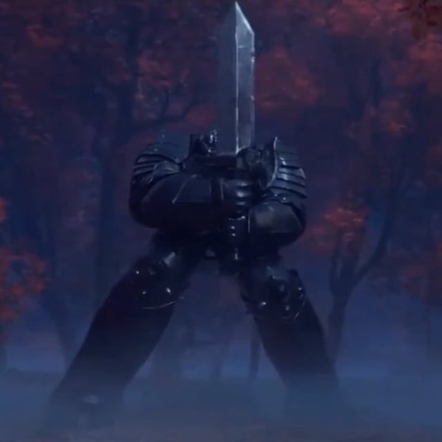A 20 foot tall knight in a black suit of armor stands in a forest, holding a massive sword.