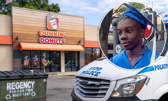 A 13yr old boy was rushed to Cohen’s Children Medical Center in critical condition after he was shot in the head by another teen who was riding on a scooter in front of a Dunkin Donuts located at 208-15 Linden Boulevard in Queens on Monday Sept. 22, 2025. 1011. (Theodore Parisienne / New York Daily News)
