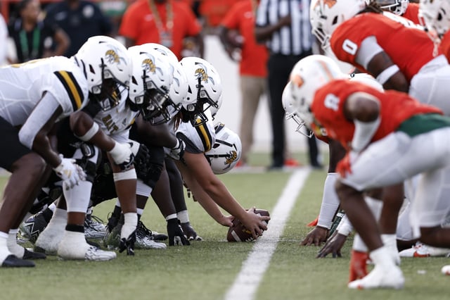 A general view from the line of scrimmage of the Alabama State Hornets during the game against the Florida A&M Rattlers at Bragg Memorial Stadium on Ken Riley Field on September 23, 2023 in Tallahassee, Florida. The Rattlers defeated the Hornets 23 to 10.