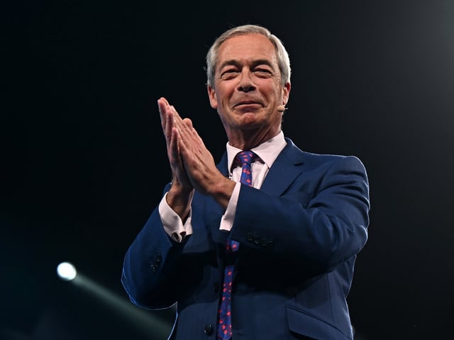 BIRMINGHAM, ENGLAND - SEPTEMBER 06: Leader of Reform UK Nigel Farage addresses delegates on day two of the Reform UK party conference at National Exhibition Centre on September 06, 2025 in Birmingham, England. Members of Reform UK gather at the NEC Birmingham for the Party's two-day conference. (Photo by Leon Neal/Getty Images)