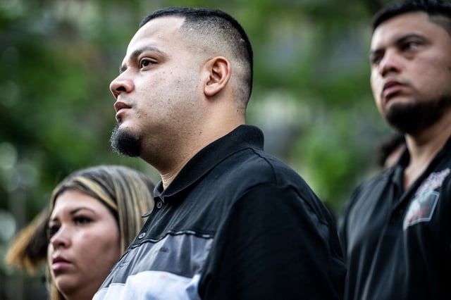 Kilmar Abrego Garcia and his wife, Jennifer Vasquez Sura, arrive for a check-in at the Immigration and Customs Enforcement field office in Baltimore on Aug. 25, 2025.