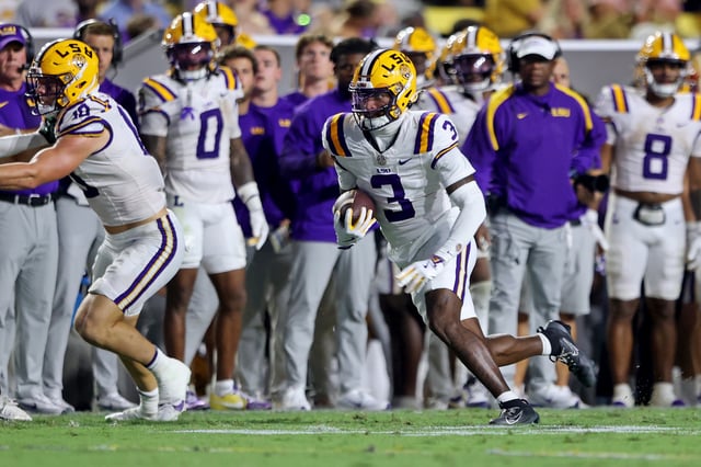 Wide receiver Chris Hilton Jr. #3 of the LSU Tigers runs after a second quarter catch during the game against the Southeastern Louisiana Lions at Tiger Stadium on September 20, 2025 in Baton Rouge, Louisiana.