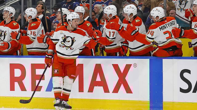 Mar 4, 2025; Edmonton, Alberta, CAN; The Anaheim Ducks celebrate a goal scored by forward Mason MacTavish (23) during the first period against the Edmonton Oilers at Rogers Place. Mandatory Credit: Perry Nelson-Imagn Images