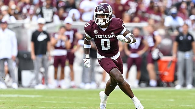 Oct 5, 2024; College Station, Texas, USA; Texas A&M Aggies linebacker Scooby Williams (0) defends in coverage in the second half against the Missouri Tigers at Kyle Field. Mandatory Credit: Maria Lysaker-Imagn Images.