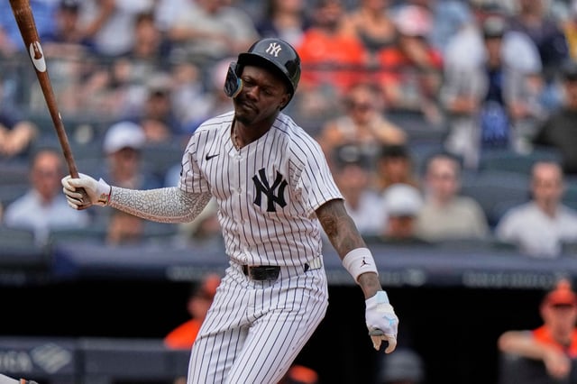 New York Yankees' Jazz Chisholm Jr. reacts after he is hit with a pitch during the fifth inning of a baseball game against the Baltimore Orioles Saturday, Sept. 27, 2025, in New York. (AP Photo/Frank Franklin II)
