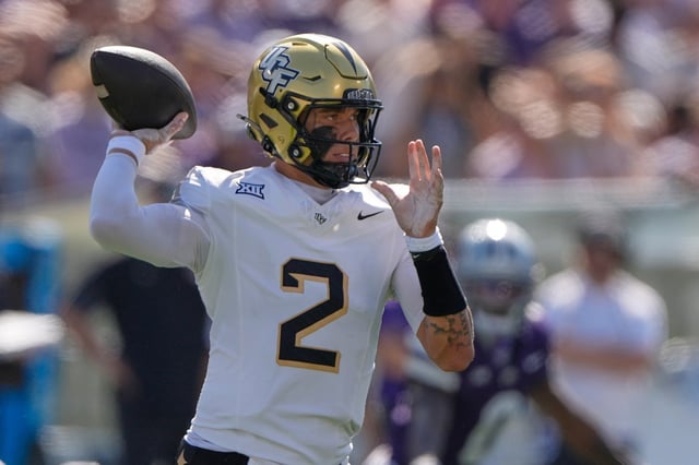 Central Florida quarterback Tayven Jackson looks to pass during the first half of an NCAA college football game against Kansas State, Saturday, Sept. 27, 2025, in Manhattan, Kan. (AP Photo/Charlie Riedel)