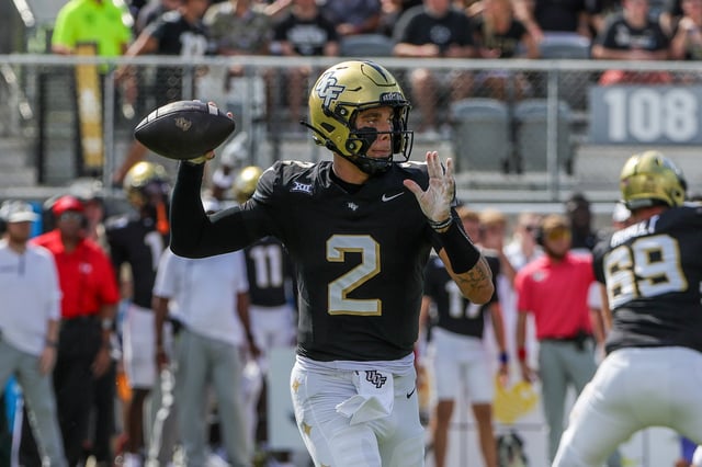 Sep 20, 2025; Orlando, Florida, USA; UCF Knights quarterback Tayven Jackson (2) throws a pass during the first quarter against the North Carolina Tar Heels at the Bounce House Stadium. Mandatory Credit: Mike Watters-Imagn Images/File Photo