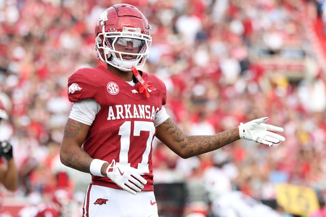 Sep 6, 2025; Little Rock, Arkansas, USA; Arkansas Razorbacks wide receiver Jalen Brown (17) lines up during the second quarter against the Arkansas State Red Wolves at War Memorial Stadium. Mandatory Credit: Nelson Chenault-Imagn Images/File Photo