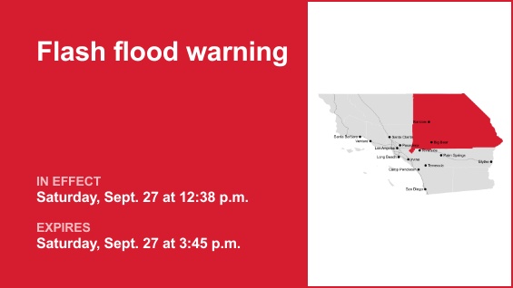 San Bernardino County was placed under a flash flood warning by the National Weather Service on Saturday at 12:38 p.m. The warning is in effect until 3:45 p.m.