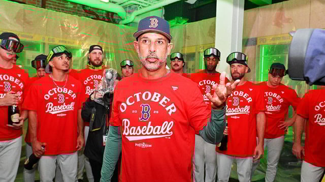 Sep 26, 2025; Boston, Massachusetts, USA; Boston Red Sox manager Alex Cora (13) addresses the team after they clinched a playoff spot after their game against the Detroit Tigers at Fenway Park. Mandatory Credit: Eric Canha-Imagn Images
